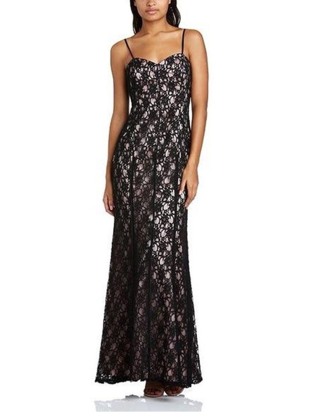 Adrianna Papell Black Lace Overlay Maxi Dress with Blush Lining
